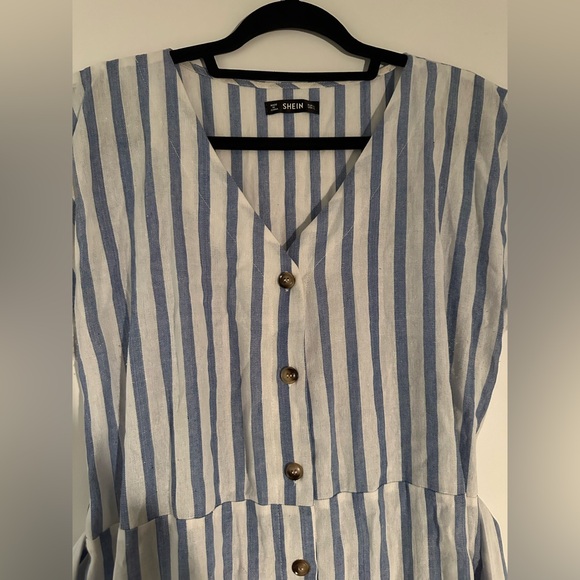 Pocket Front Blue and White Stripe Button Up Belted Dress - Picture 4 of 7